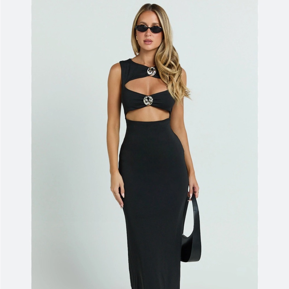Lioness Black Cutout Maxi Dress with Silver Ring Details